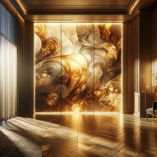 przestrzeń wewnętrzna, w której centralnym punktem jest duży podświetlany szklany panel przestrzeń wewnętrzna, w której centralnym punktem jest duży podświetlany szklany panel