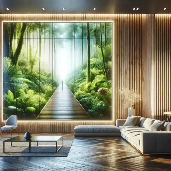 modern interior space featuring a backlit glass panel as the focal point. panele szklane podświetlane trendy 2024 interior design